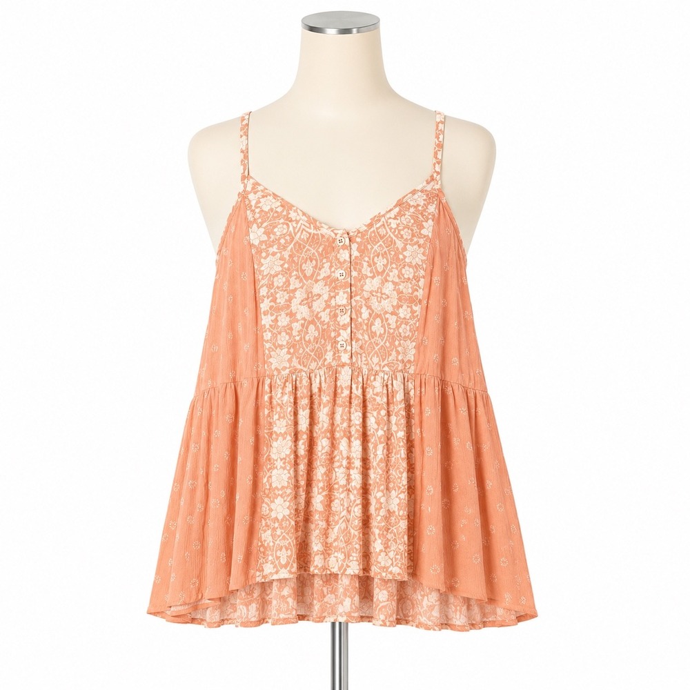 Torrid Babydoll Cami Tank Top Womens 1X Orange Floral‎ Boho Peplum Button Front